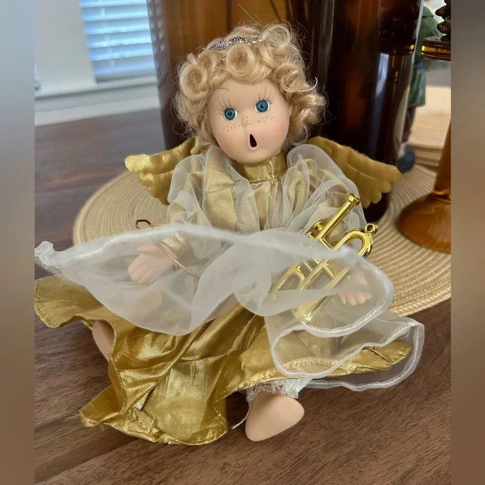 Vintage Christmas Victorian Porcelain Angel Ornament Home decor Gold Trumpet